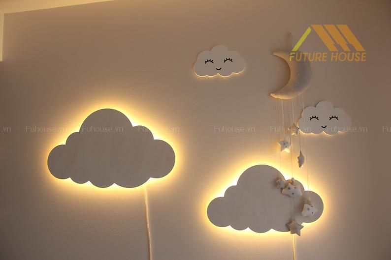 Đèn gỗ trang trí treo tường mây trắng