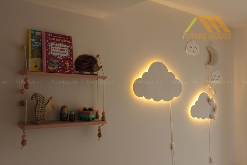 đèn gỗ trang trí treo tường mây trắng