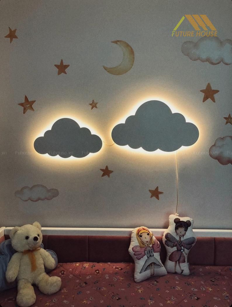 đèn gỗ trang trí treo tường mây trắng