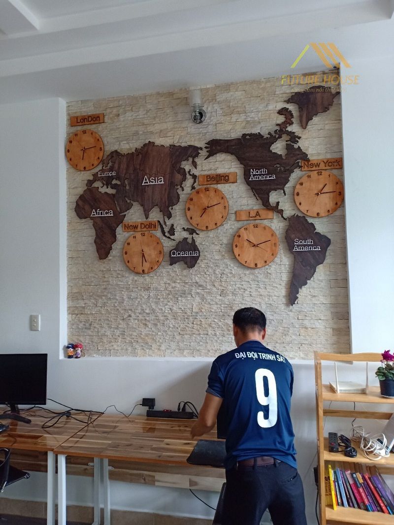 trang trí tường nhà bản đồ thế giới gỗ World Five