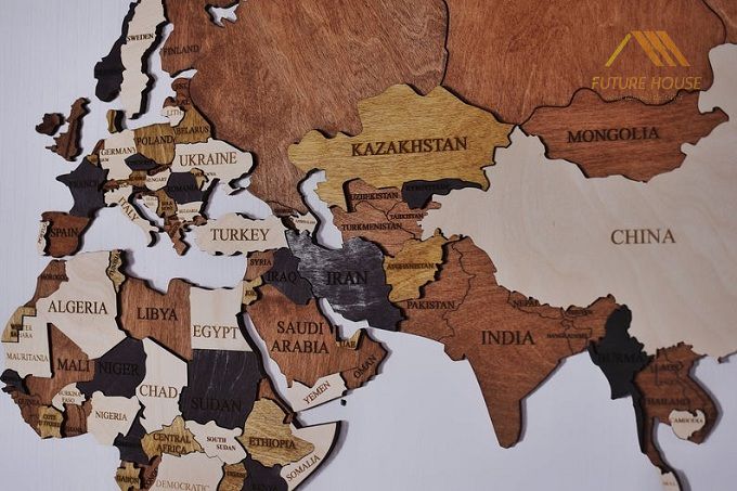Trang trí nội thất tân cổ điển với bản đồ gỗ gắn tường MAP WORLD